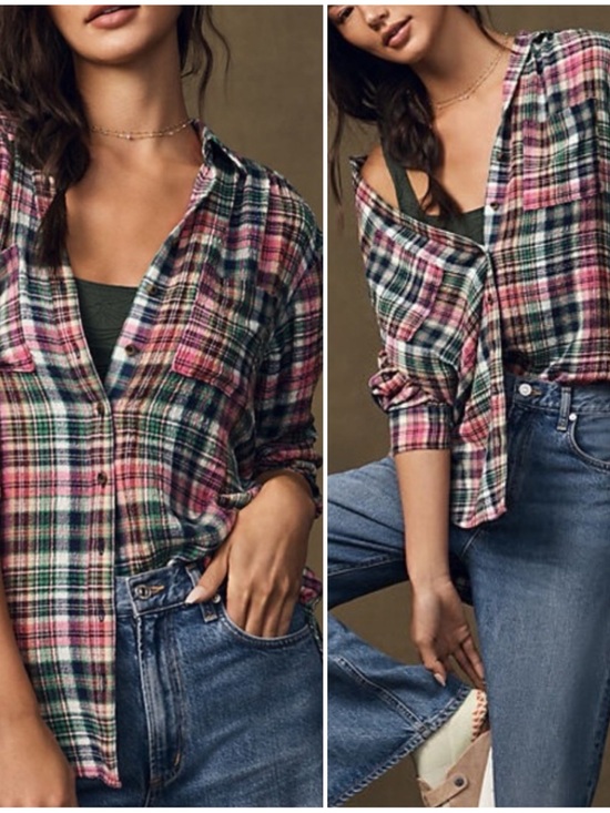 Pilcro Tops - Anthropologie XL Pilcro Hadley Relaxed Pink & Green Plaid Button-Down Shirt Top